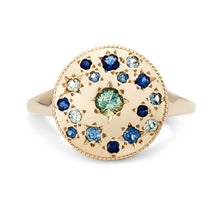 Load image into Gallery viewer, Tie Dye Moon Child Medallion Ring - 14k Yellow Gold, Blue Sapphire
