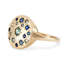 Load image into Gallery viewer, Tie Dye Moon Child Medallion Ring - 14k Yellow Gold, Blue Sapphire
