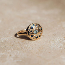 Load image into Gallery viewer, Tie Dye Moon Child Medallion Ring - 14k Yellow Gold, Blue Sapphire
