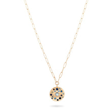 Load image into Gallery viewer, Tie Dye Moon Child Medallion Necklace - 14k Yellow Gold, Blue Sapphire, 20"
