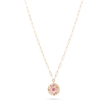 Load image into Gallery viewer, Tie Dye Moon Child Medallion Necklace - 14K Yellow Gold, Pink Sapphire, 20"
